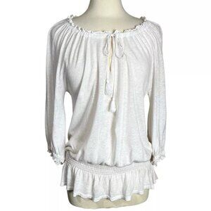 Ann Taylor LOFT Linen Blend Top M Blouse Peplum Balloon Sleeve Smocked